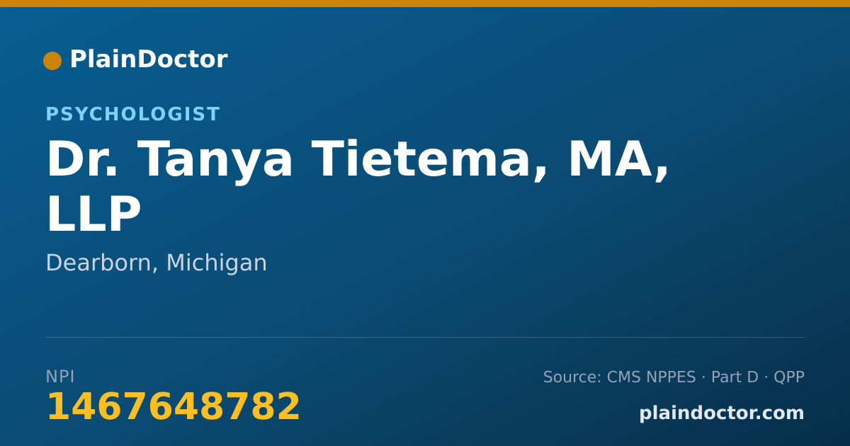 Shareable card for Tanya Tietema, MA, LLP - Psychologist, Dearborn, MI