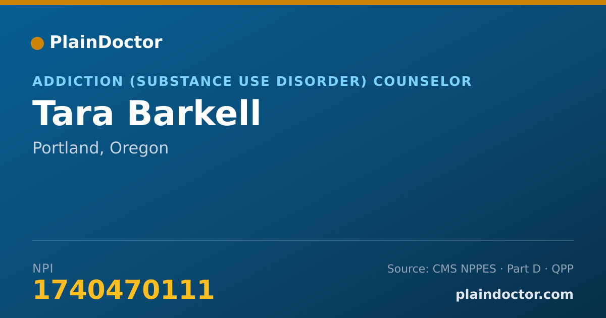 Shareable card for Tara Barkell - Addiction (Substance Use Disorder) Counselor, Portland, OR