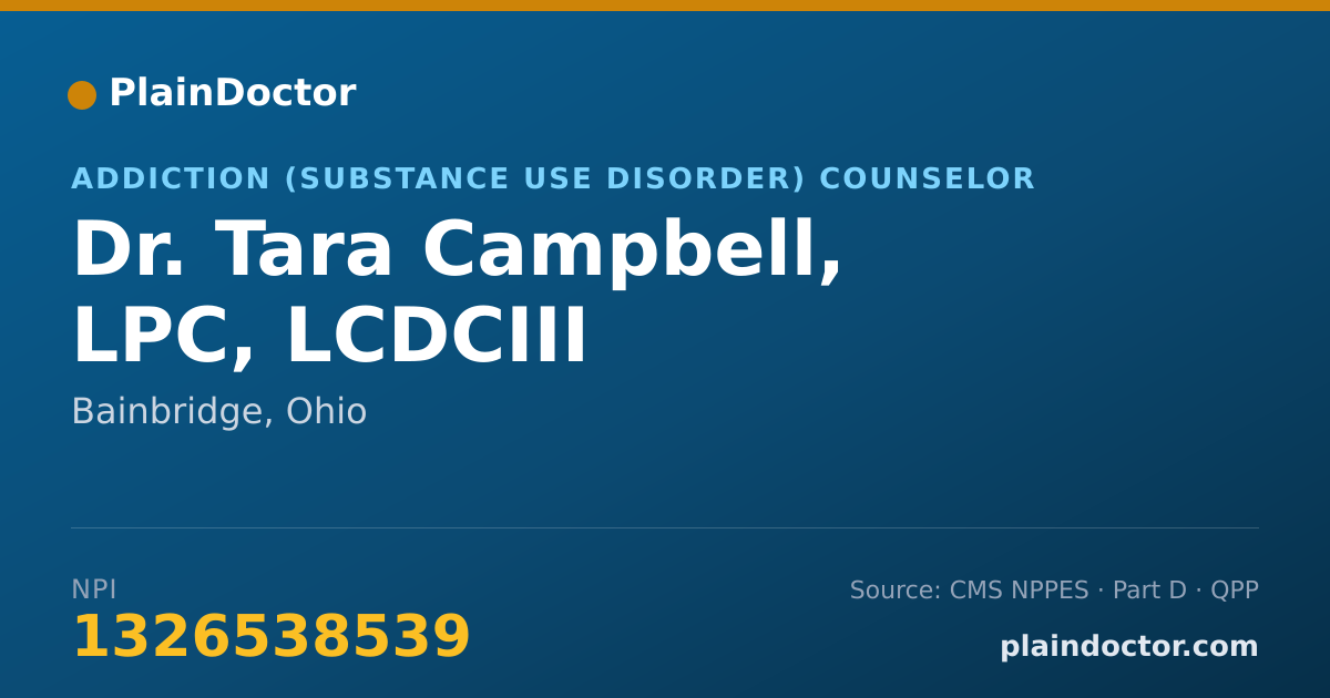 Shareable card for Tara Campbell, LPC, LCDCIII - Addiction (Substance Use Disorder) Counselor, Bainbridge, OH