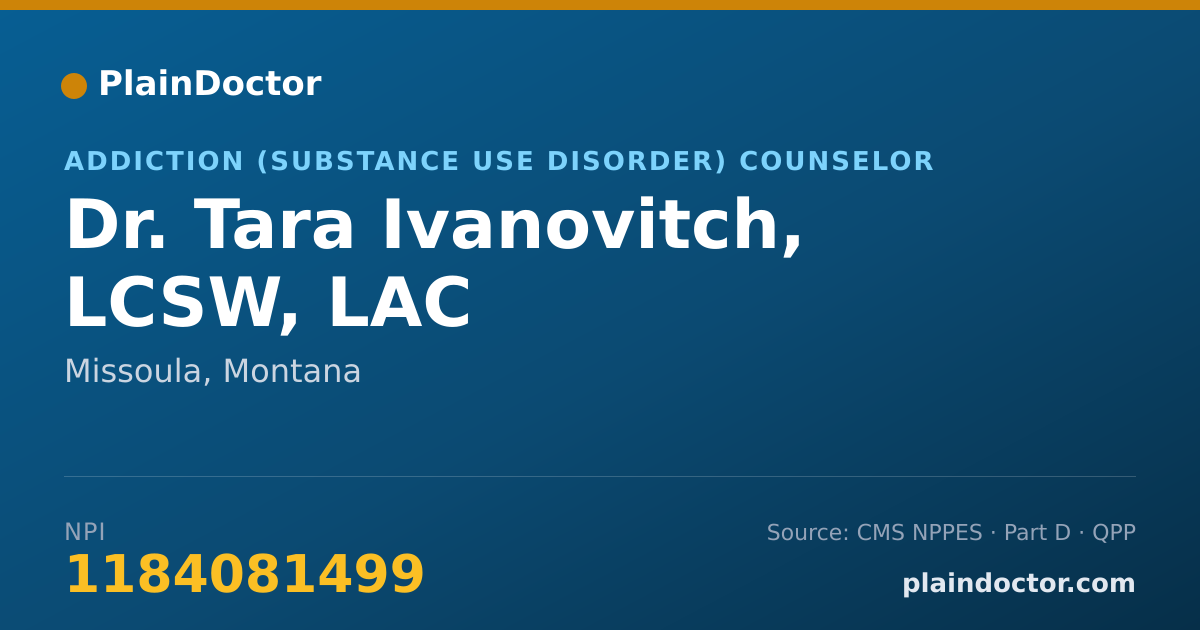 Shareable card for Tara Ivanovitch, LCSW, LAC - Addiction (Substance Use Disorder) Counselor, Missoula, MT