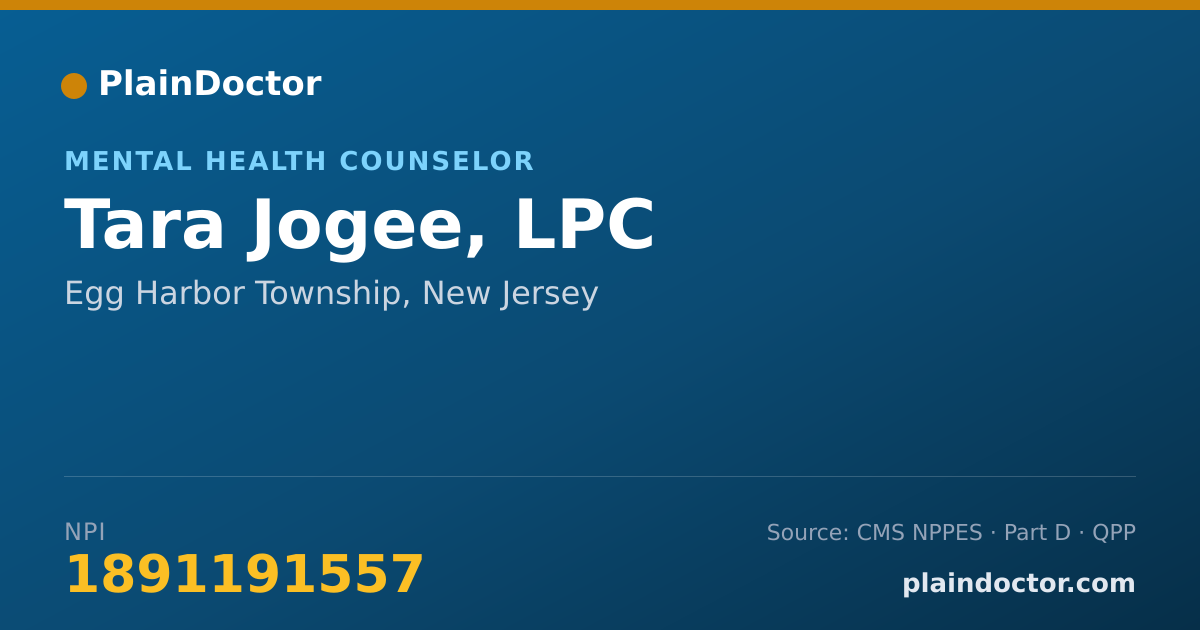 Shareable card for Tara Jogee, LPC - Mental Health Counselor, Egg Harbor Township, NJ