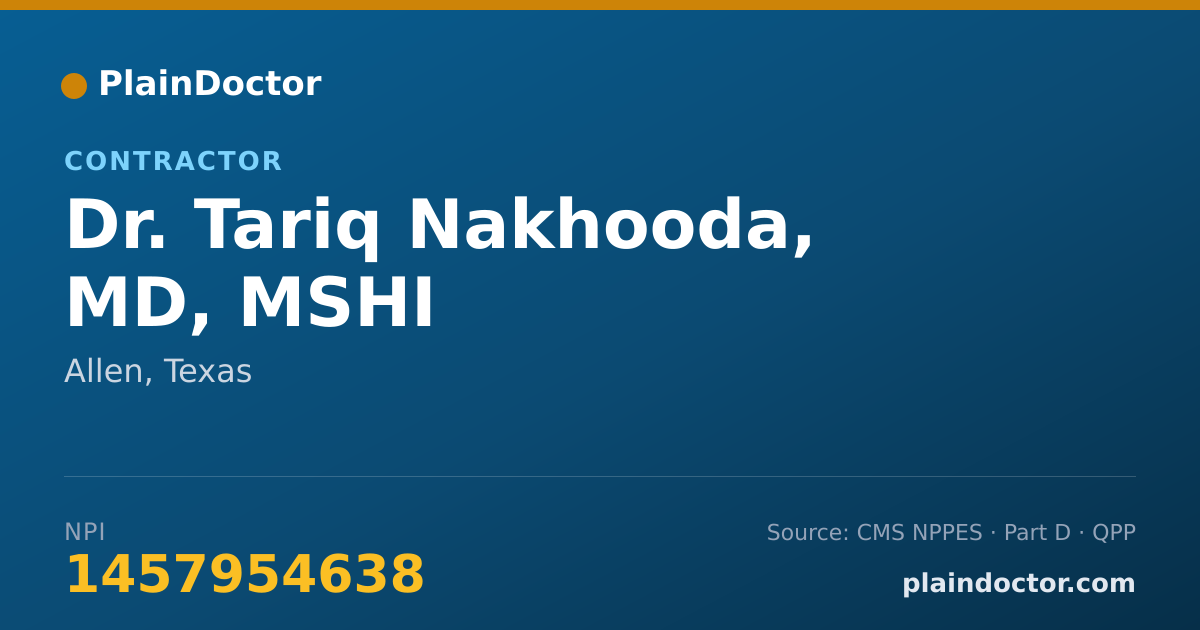 Shareable card for Tariq Nakhooda, MD, MSHI - Contractor, Allen, TX