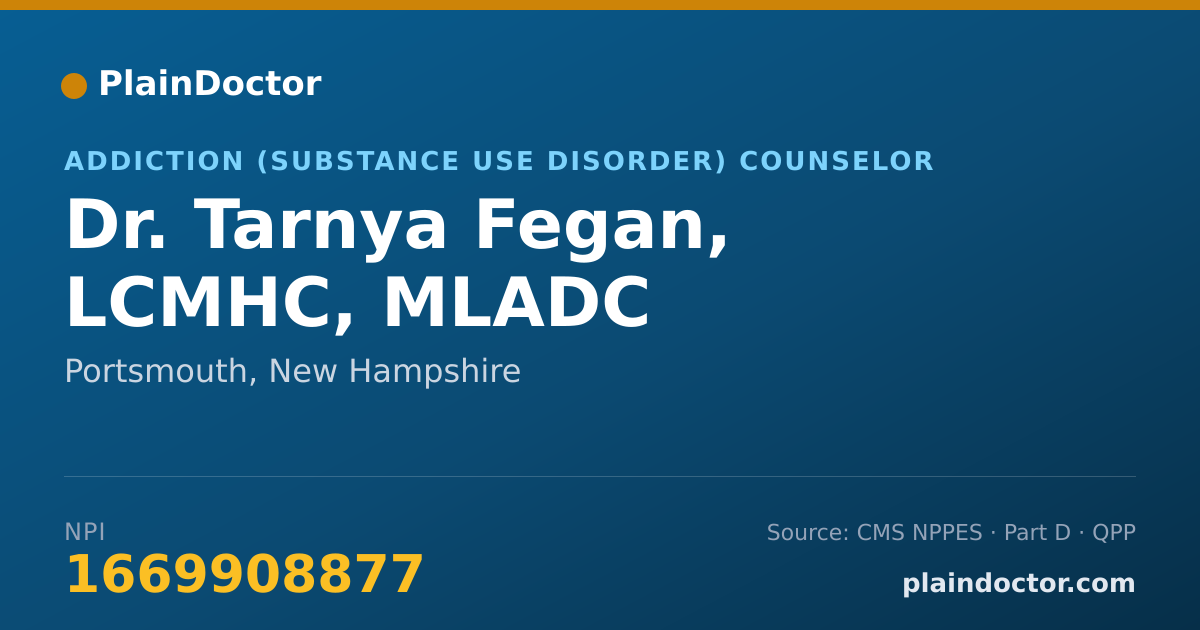 Shareable card for Tarnya Fegan, LCMHC, MLADC - Addiction (Substance Use Disorder) Counselor, Portsmouth, NH