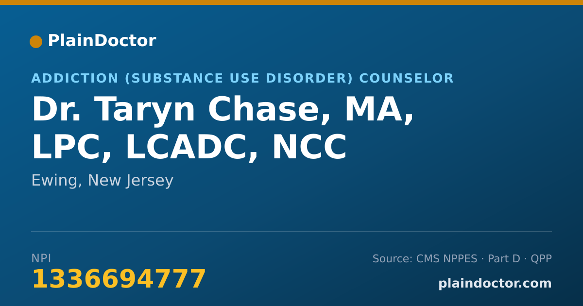 Shareable card for Taryn Chase, MA, LPC, LCADC, NCC - Addiction (Substance Use Disorder) Counselor, Ewing, NJ