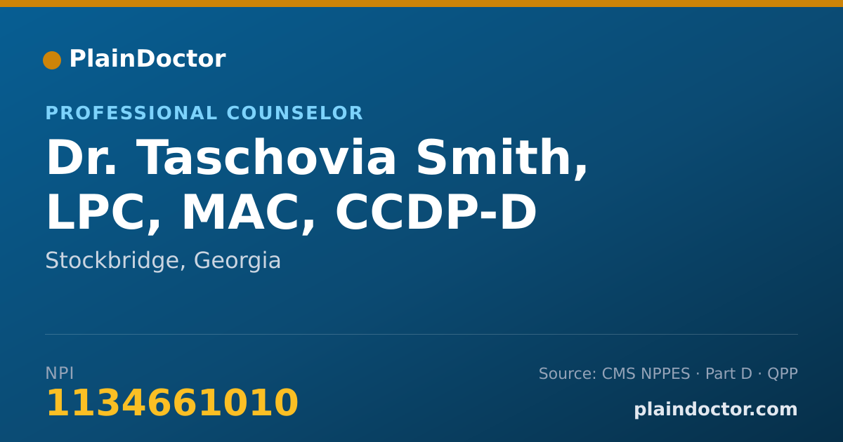 Shareable card for Taschovia Smith, LPC, MAC, CCDP-D - Professional Counselor, Stockbridge, GA