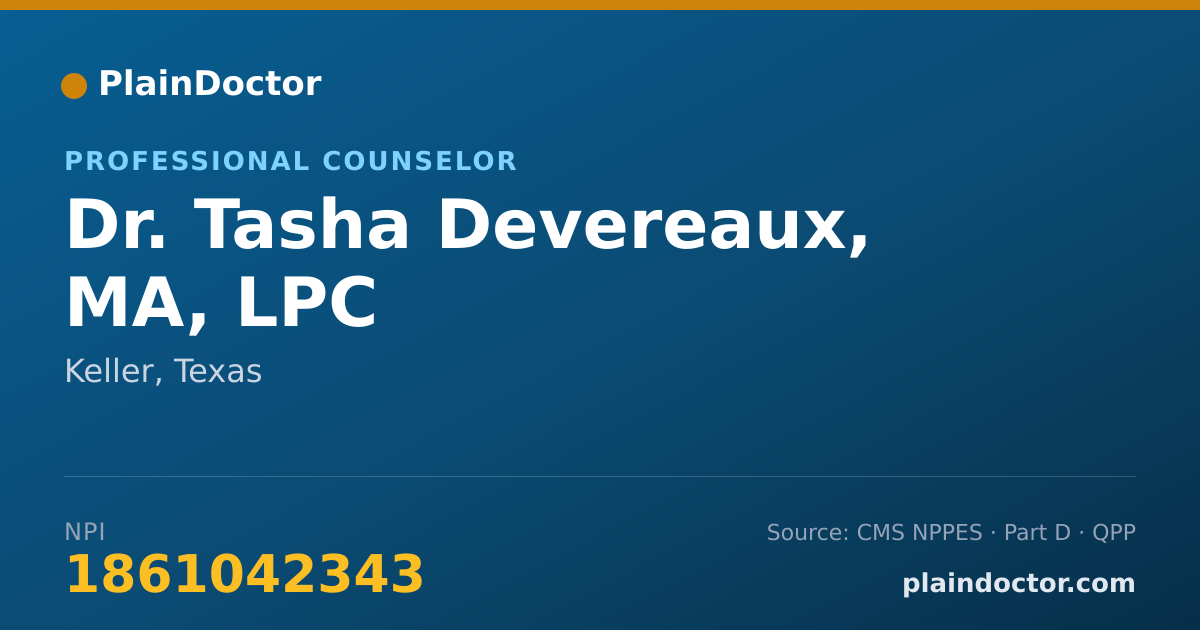 Shareable card for Tasha Devereaux, MA, LPC - Professional Counselor, Keller, TX