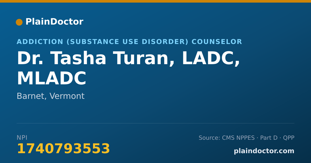 Shareable card for Tasha Turan, LADC, MLADC - Addiction (Substance Use Disorder) Counselor, Barnet, VT