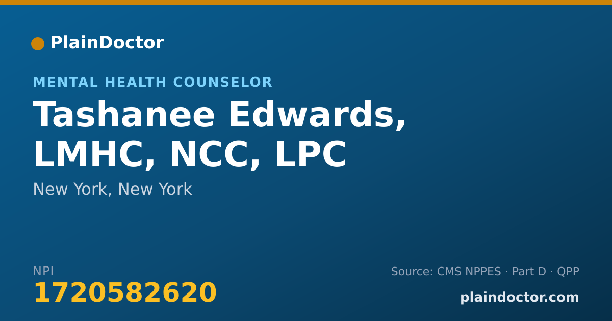 Shareable card for Tashanee Edwards, LMHC, NCC, LPC - Mental Health Counselor, New York, NY