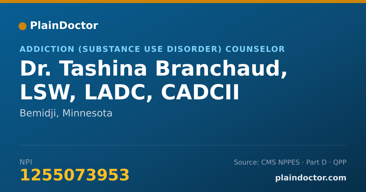 Shareable card for Tashina Branchaud, LSW, LADC, CADCII - Addiction (Substance Use Disorder) Counselor, Bemidji, MN