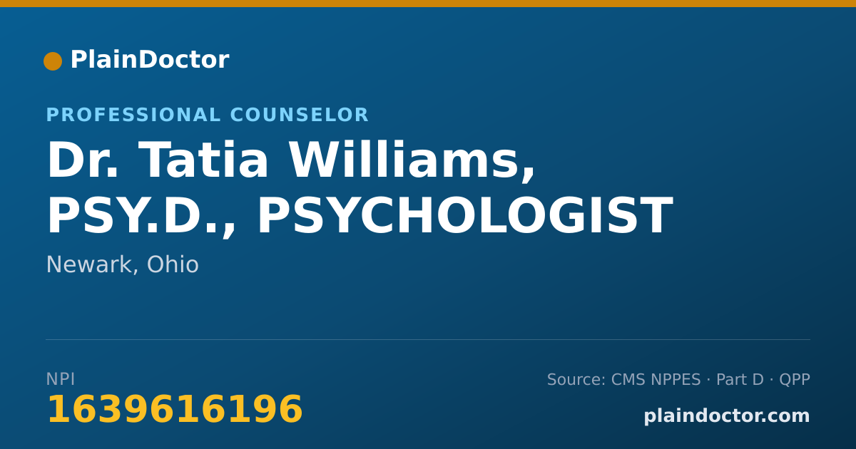 Shareable card for Tatia Williams, PSY.D., PSYCHOLOGIST - Professional Counselor, Newark, OH