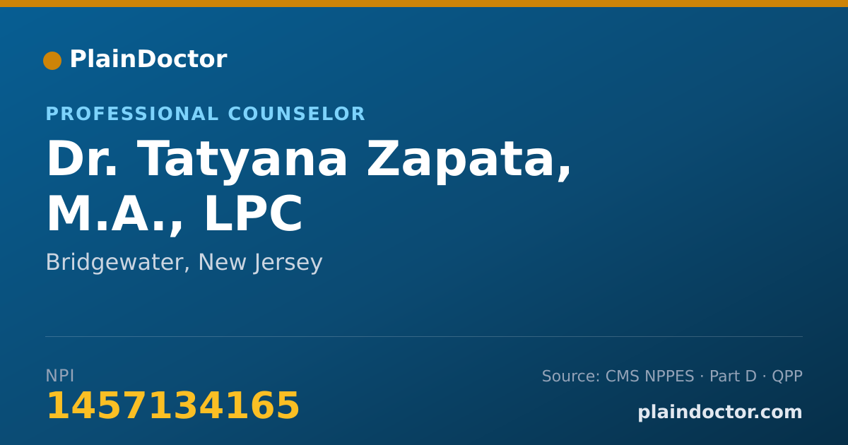 Shareable card for Tatyana Zapata, M.A., LPC - Professional Counselor, Bridgewater, NJ