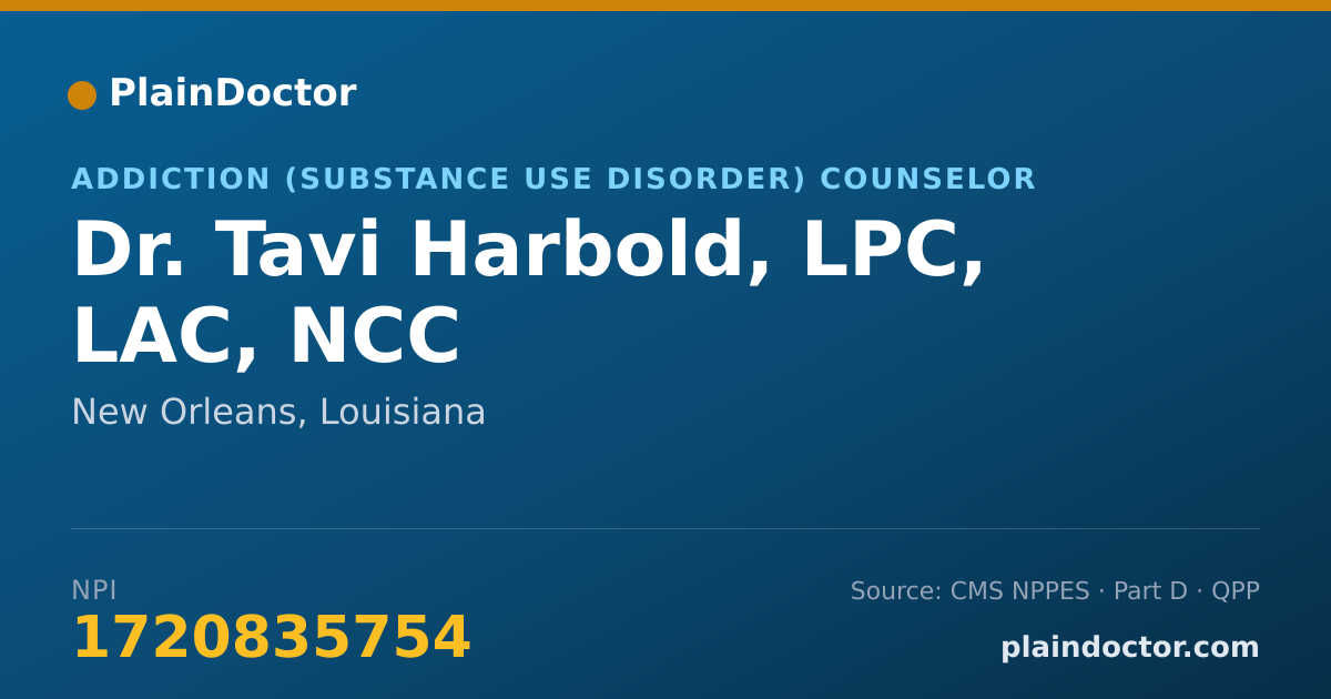 Shareable card for Tavi Harbold, LPC, LAC, NCC - Addiction (Substance Use Disorder) Counselor, New Orleans, LA