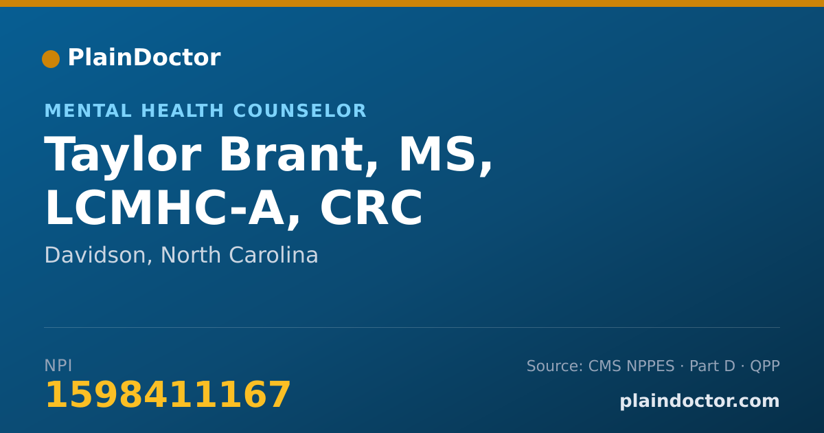 Shareable card for Taylor Brant, MS, LCMHC-A, CRC - Mental Health Counselor, Davidson, NC