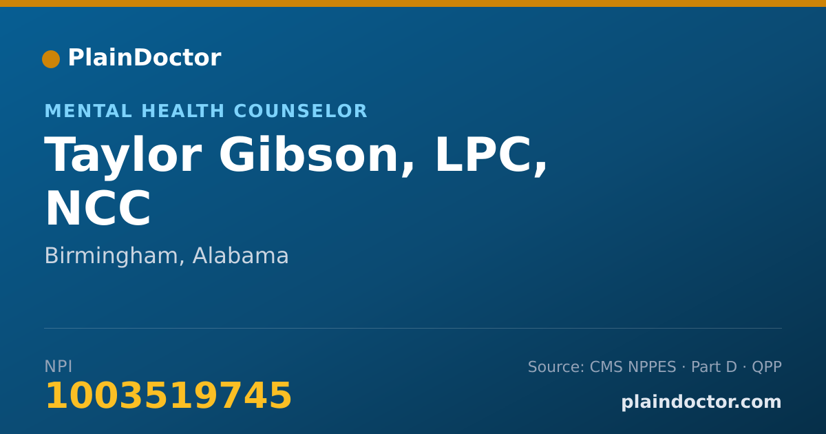 Shareable card for Taylor Gibson, LPC, NCC - Mental Health Counselor, Birmingham, AL