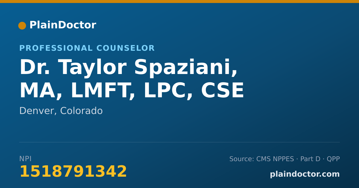 Shareable card for Taylor Spaziani, MA, LMFT, LPC, CSE - Professional Counselor, Denver, CO
