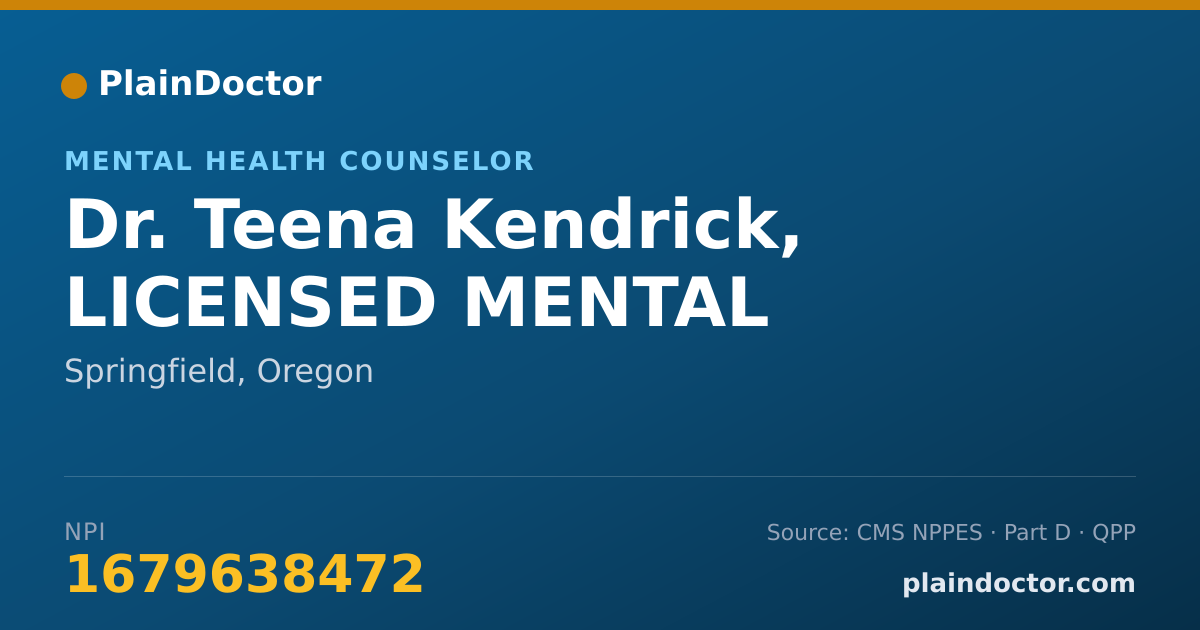 Shareable card for Teena Kendrick, LICENSED MENTAL - Mental Health Counselor, Springfield, OR