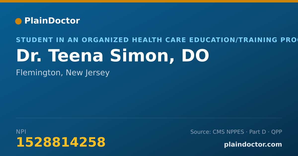 Shareable card for Teena Simon, DO - Student in an Organized Health Care Education/Training Program, Flemington, NJ
