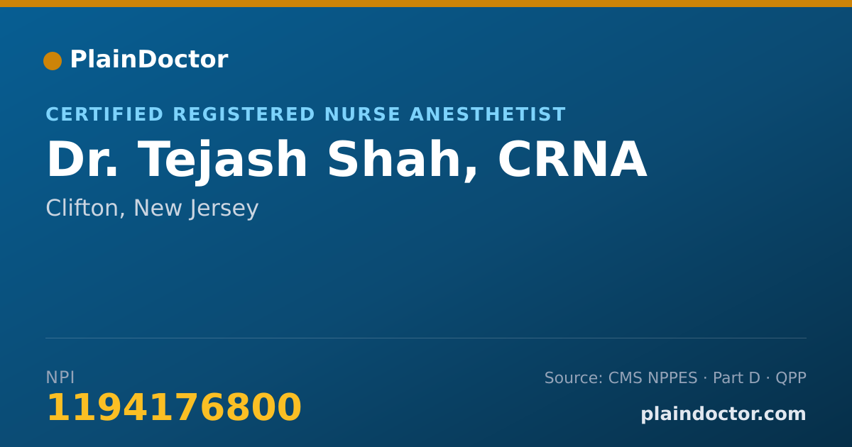 Shareable card for Tejash Shah, CRNA - Certified Registered Nurse Anesthetist, Clifton, NJ