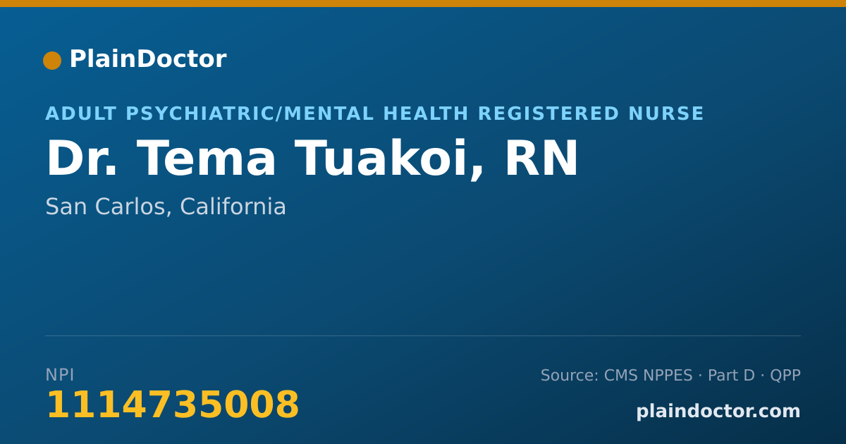 Shareable card for Tema Tuakoi, RN - Adult Psychiatric/Mental Health Registered Nurse, San Carlos, CA