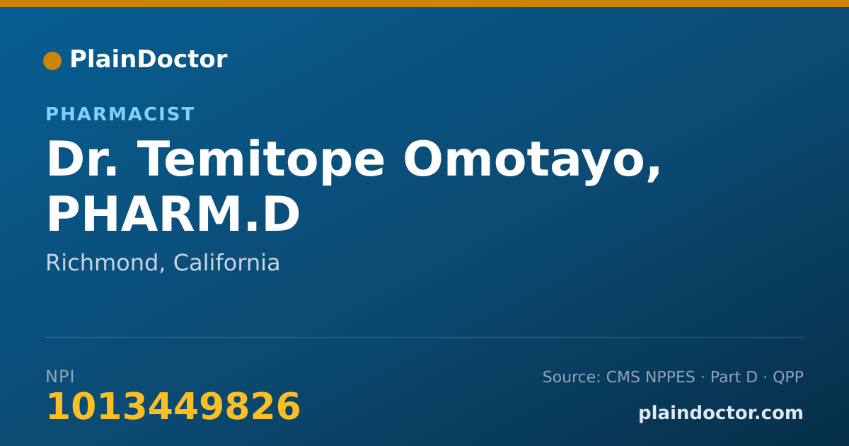 Shareable card for Temitope Omotayo, PHARM.D - Pharmacist, Richmond, CA