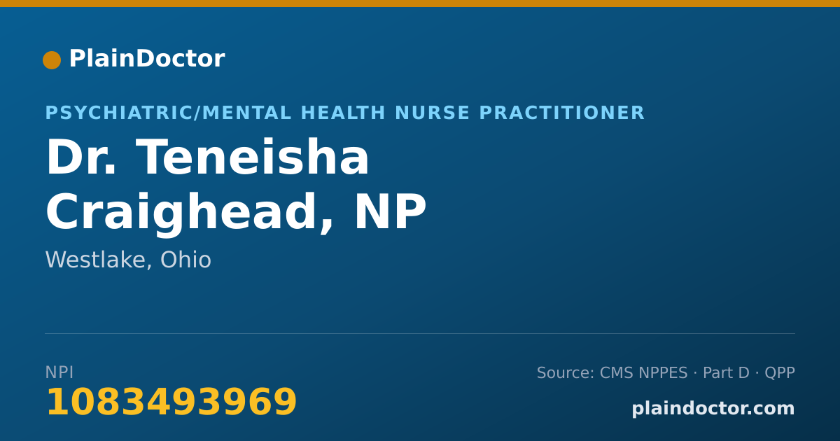 Shareable card for Teneisha Craighead, NP - Psychiatric/Mental Health Nurse Practitioner, Westlake, OH