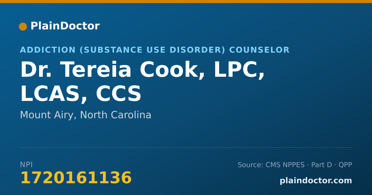 Shareable card for Tereia Cook, LPC, LCAS, CCS - Addiction (Substance Use Disorder) Counselor, Mount Airy, NC