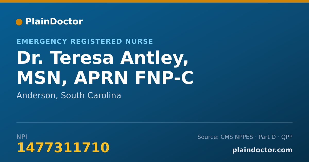 Shareable card for Teresa Antley, MSN, APRN FNP-C - Emergency Registered Nurse, Anderson, SC