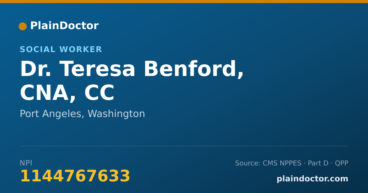 Shareable card for Teresa Benford, CNA, CC - Social Worker, Port Angeles, WA