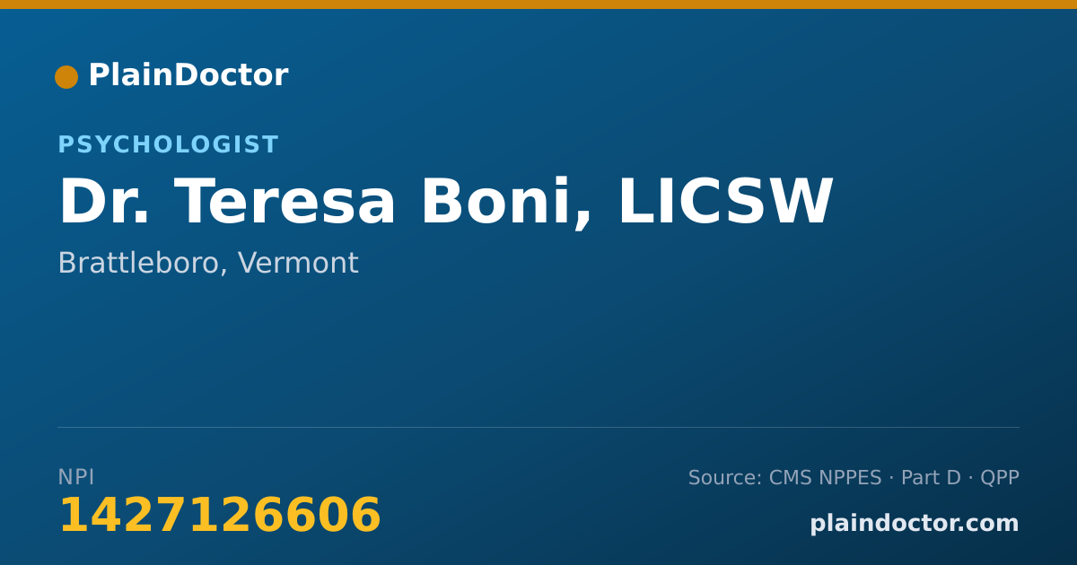 Shareable card for Teresa Boni, LICSW - Psychologist, Brattleboro, VT