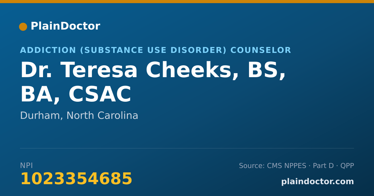 Shareable card for Teresa Cheeks, BS, BA, CSAC - Addiction (Substance Use Disorder) Counselor, Durham, NC
