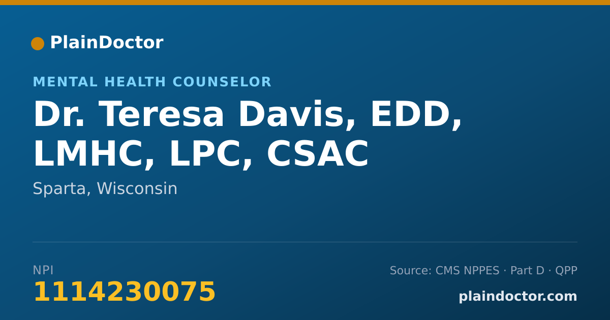 Shareable card for Teresa Davis, EDD, LMHC, LPC, CSAC - Mental Health Counselor, Sparta, WI