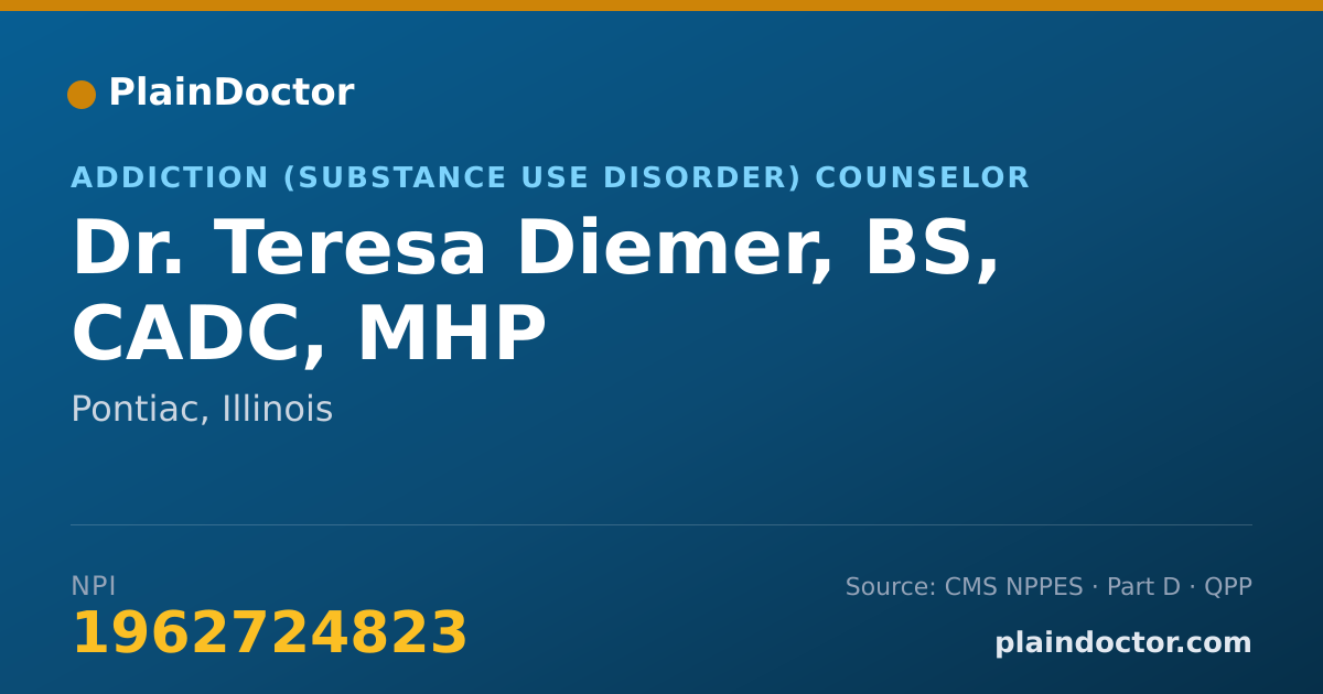 Shareable card for Teresa Diemer, BS, CADC, MHP - Addiction (Substance Use Disorder) Counselor, Pontiac, IL