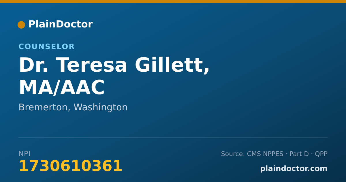 Shareable card for Teresa Gillett, MA/AAC - Counselor, Bremerton, WA