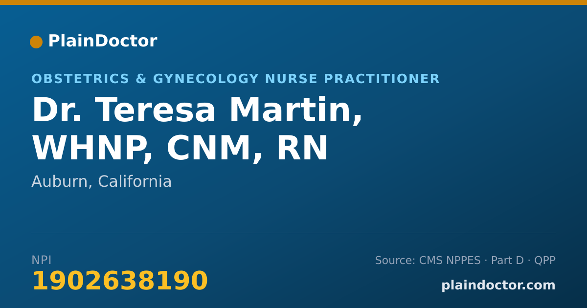 Shareable card for Teresa Martin, WHNP, CNM, RN - Obstetrics & Gynecology Nurse Practitioner, Auburn, CA