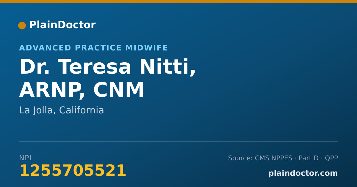 Shareable card for Teresa Nitti, ARNP, CNM - Advanced Practice Midwife, La Jolla, CA