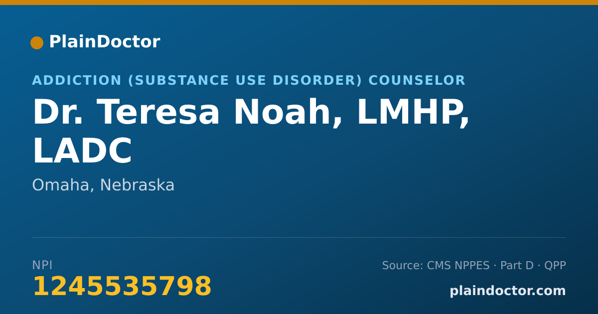 Shareable card for Teresa Noah, LMHP, LADC - Addiction (Substance Use Disorder) Counselor, Omaha, NE