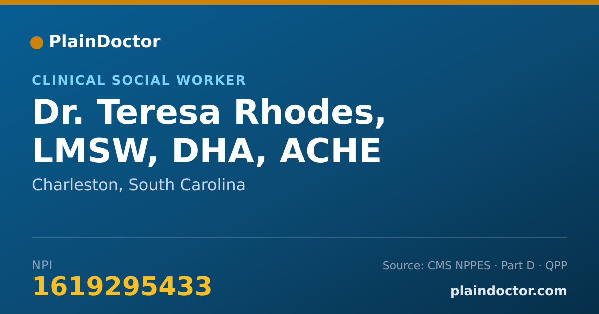 Shareable card for Teresa Rhodes, LMSW, DHA, ACHE - Clinical Social Worker, Charleston, SC