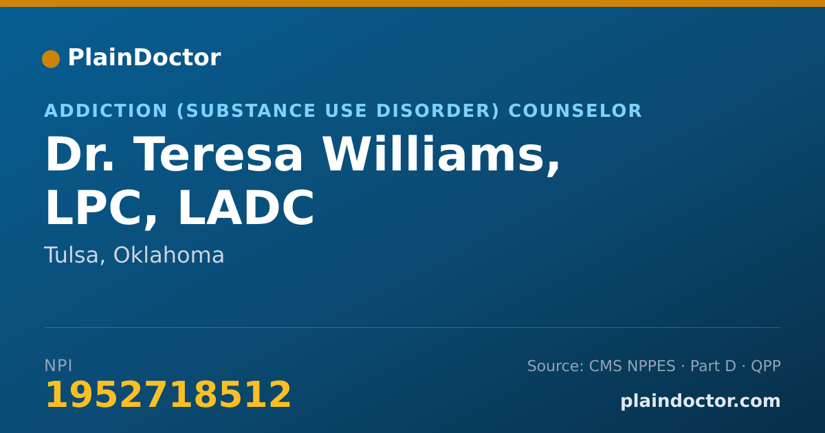 Shareable card for Teresa Williams, LPC, LADC - Addiction (Substance Use Disorder) Counselor, Tulsa, OK