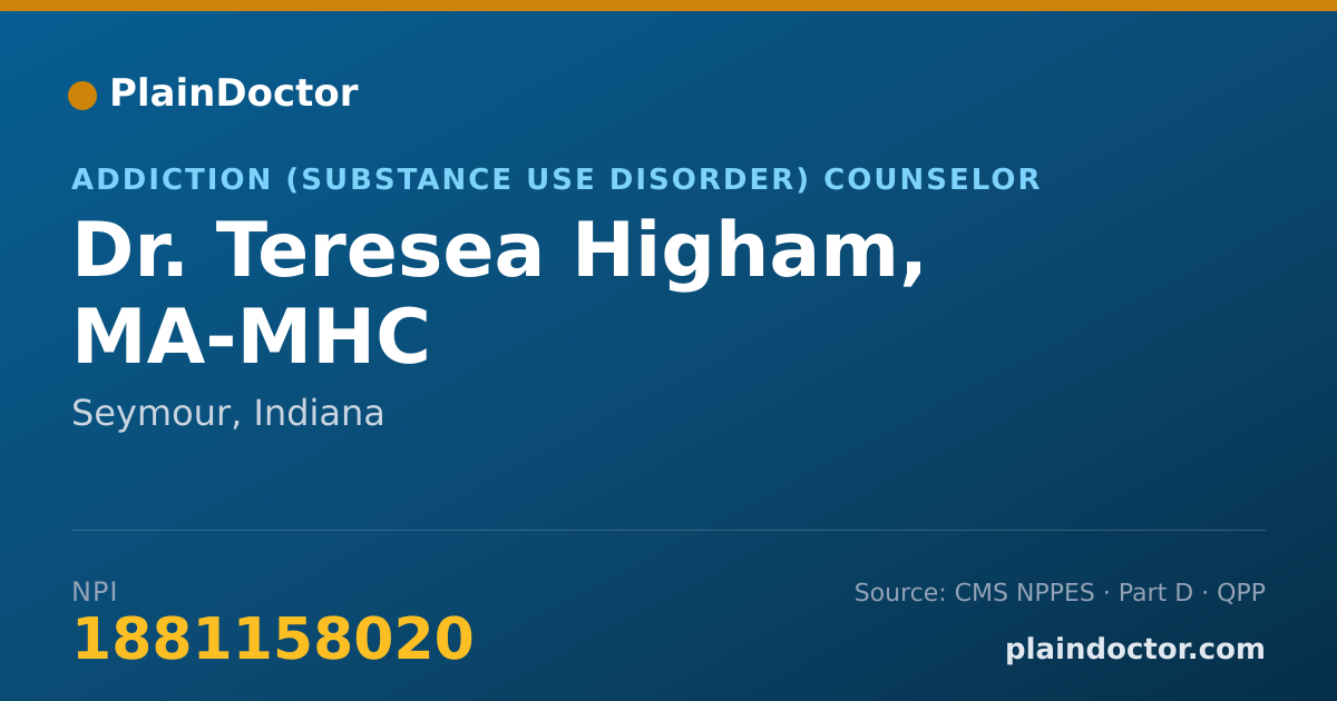 Shareable card for Teresea Higham, MA-MHC - Addiction (Substance Use Disorder) Counselor, Seymour, IN