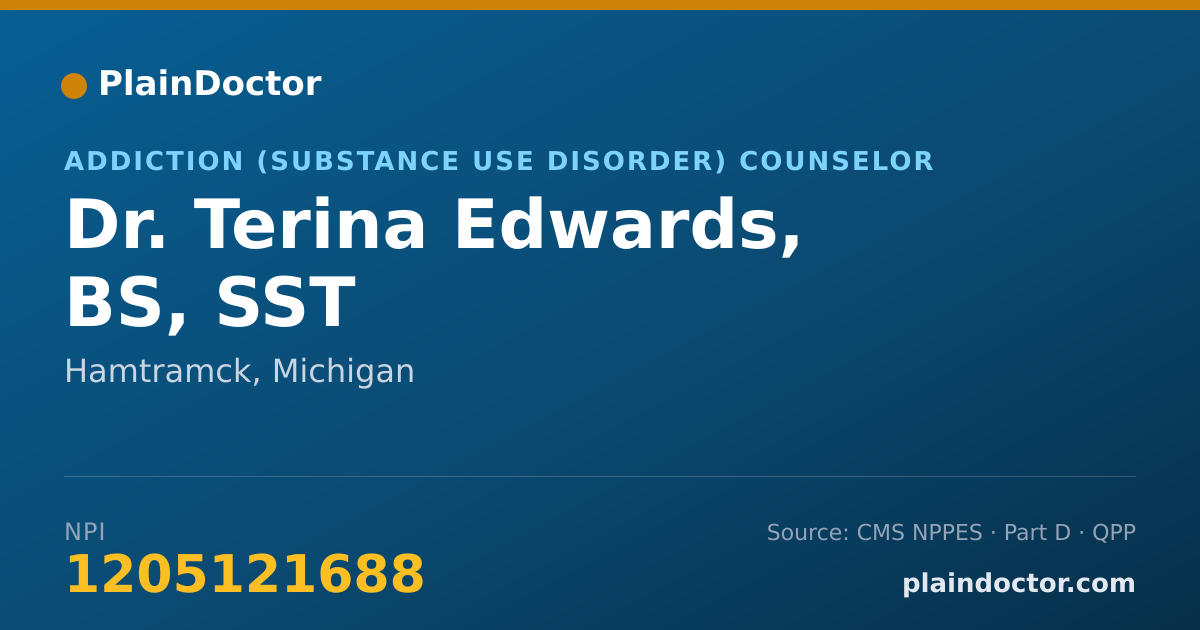 Shareable card for Terina Edwards, BS, SST - Addiction (Substance Use Disorder) Counselor, Hamtramck, MI