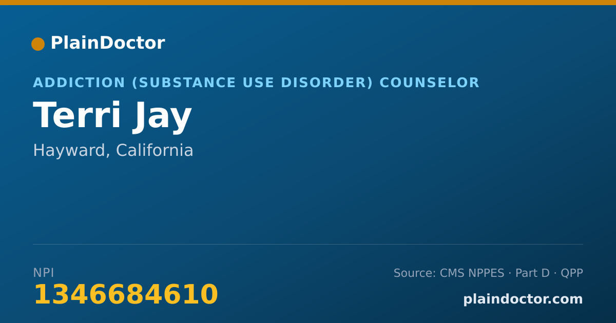 Shareable card for Terri Jay - Addiction (Substance Use Disorder) Counselor, Hayward, CA