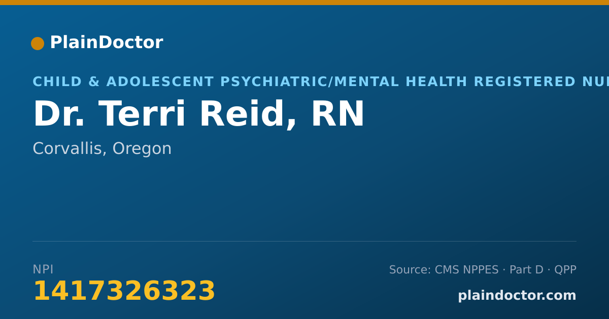 Shareable card for Terri Reid, RN - Child & Adolescent Psychiatric/Mental Health Registered Nurse, Corvallis, OR