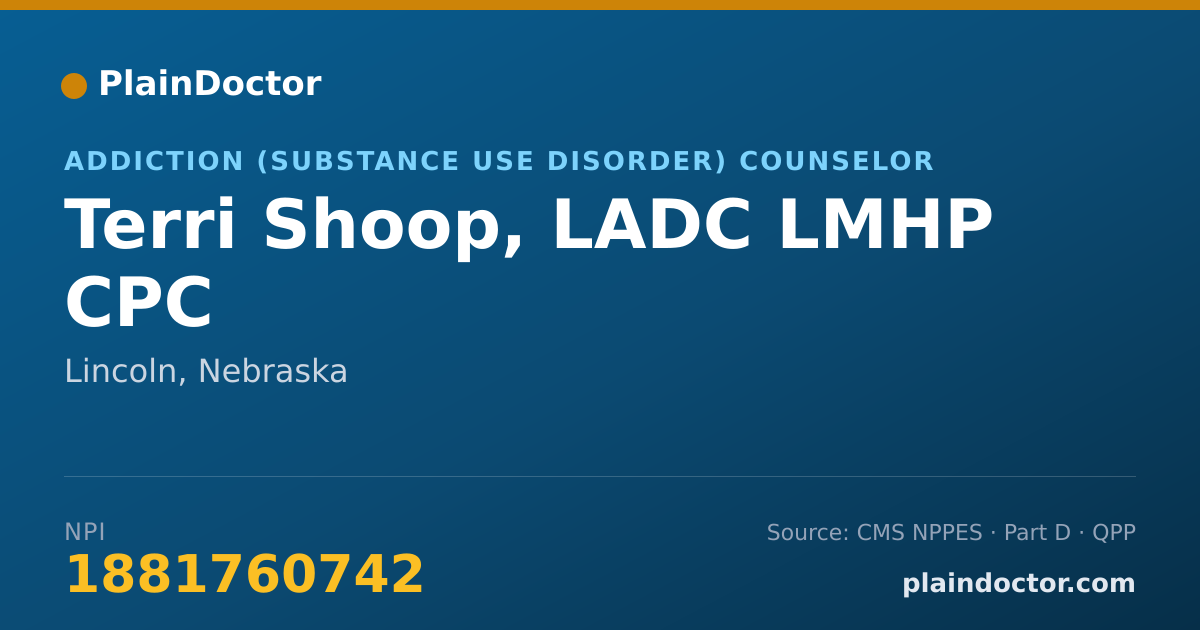 Shareable card for Terri Shoop, LADC LMHP CPC - Addiction (Substance Use Disorder) Counselor, Lincoln, NE