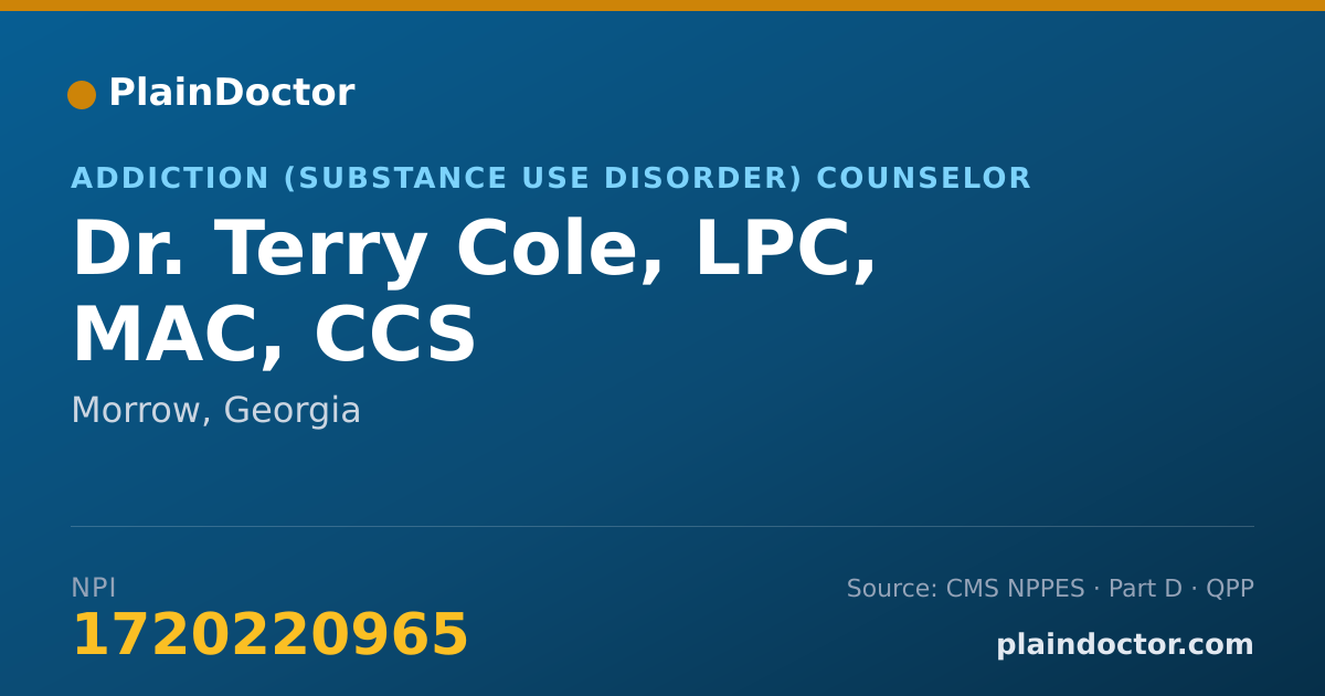 Shareable card for Terry Cole, LPC, MAC, CCS - Addiction (Substance Use Disorder) Counselor, Morrow, GA