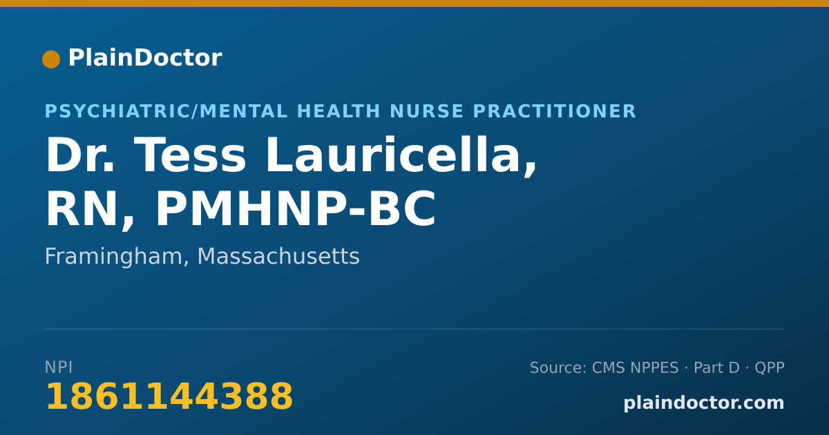 Shareable card for Tess Lauricella, RN, PMHNP-BC - Psychiatric/Mental Health Nurse Practitioner, Framingham, MA