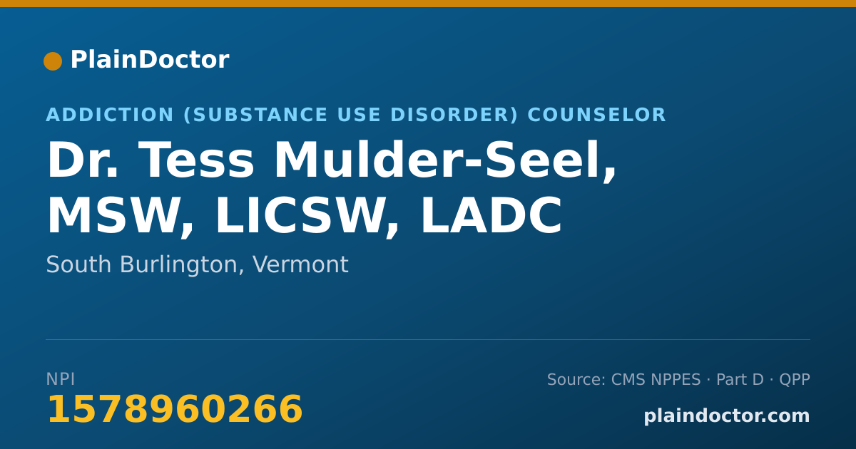 Shareable card for Tess Mulder-Seel, MSW, LICSW, LADC - Addiction (Substance Use Disorder) Counselor, South Burlington, VT