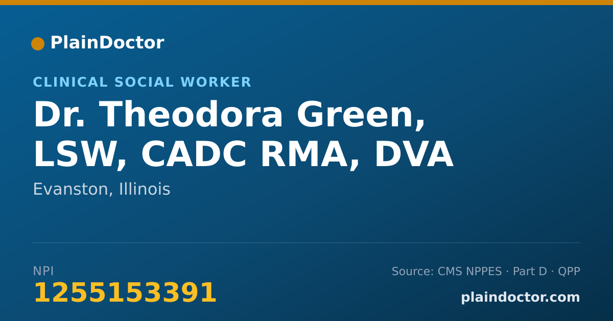 Shareable card for Theodora Green, LSW, CADC RMA, DVA - Clinical Social Worker, Evanston, IL