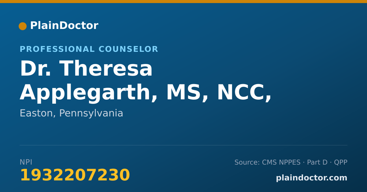 Shareable card for Theresa Applegarth, MS, NCC, BCPC, LPC - Professional Counselor, Easton, PA