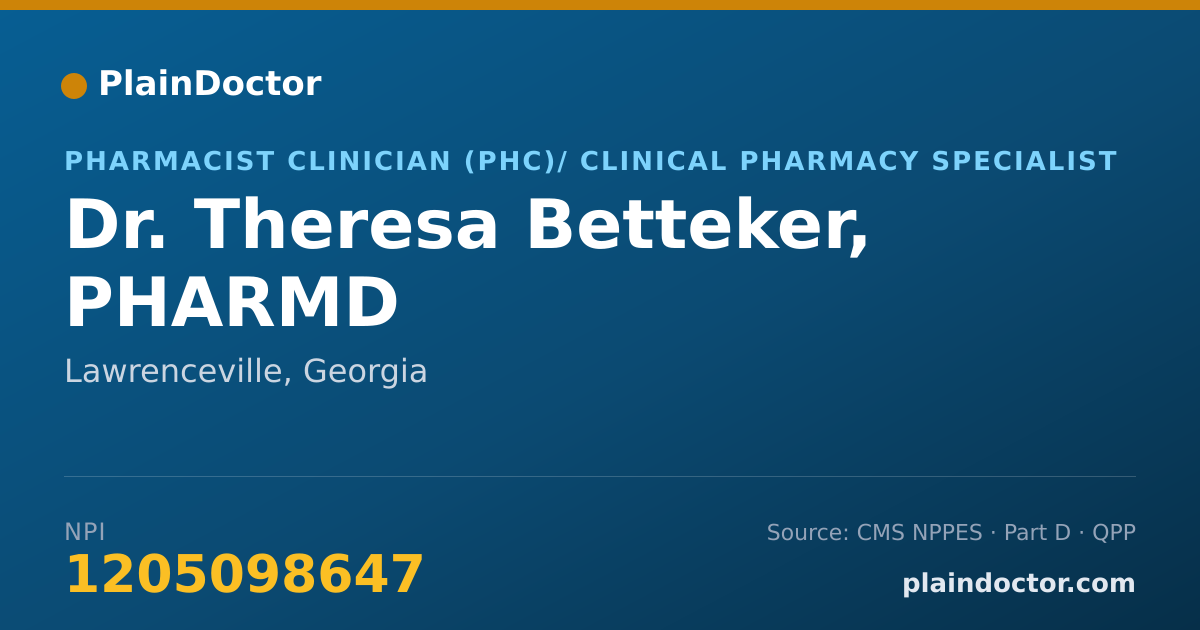 Shareable card for Theresa Betteker, PHARMD - Pharmacist Clinician (PhC)/ Clinical Pharmacy Specialist, Lawrenceville, GA