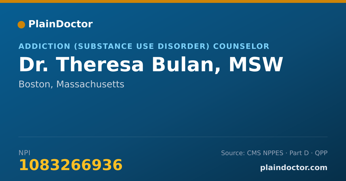 Shareable card for Theresa Bulan, MSW - Addiction (Substance Use Disorder) Counselor, Boston, MA